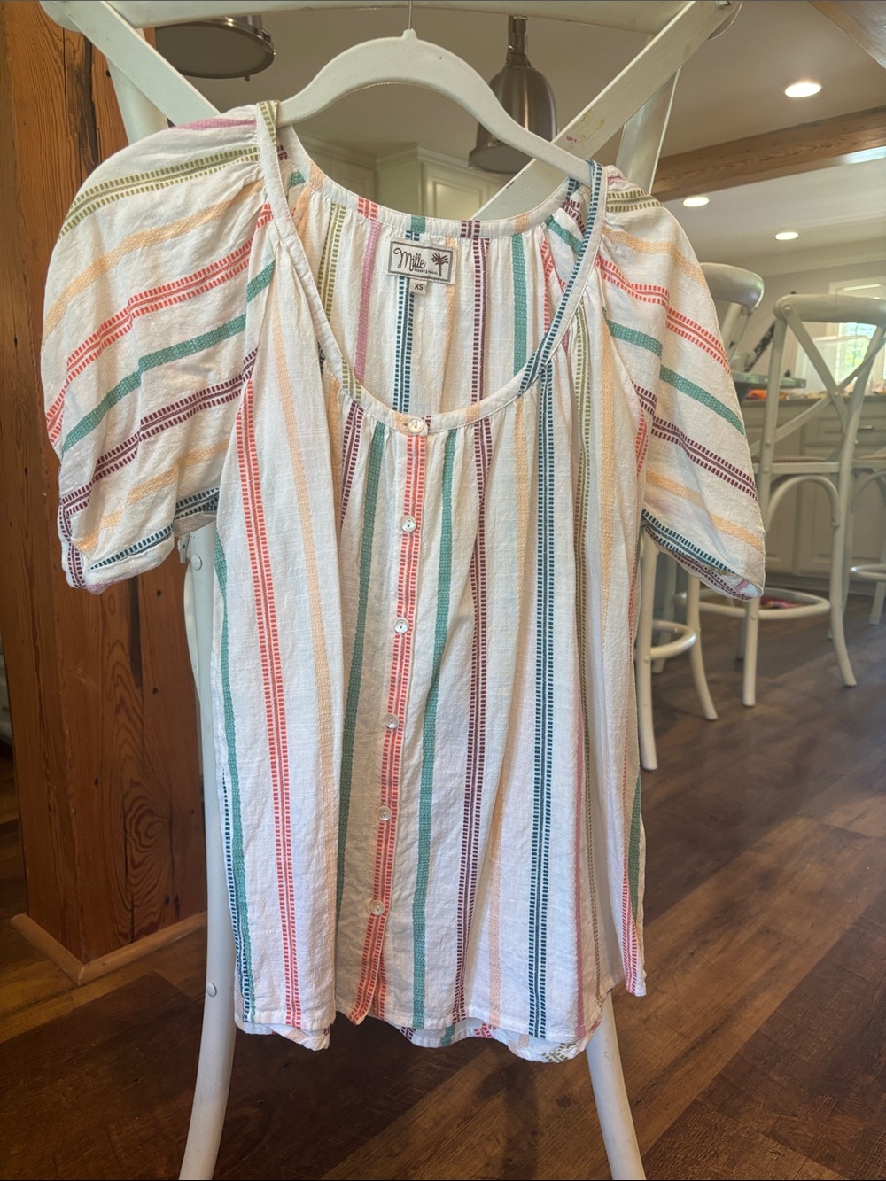 Millee Multi-Stripe Button-Front Women’s Blouse in Pastel Stripes